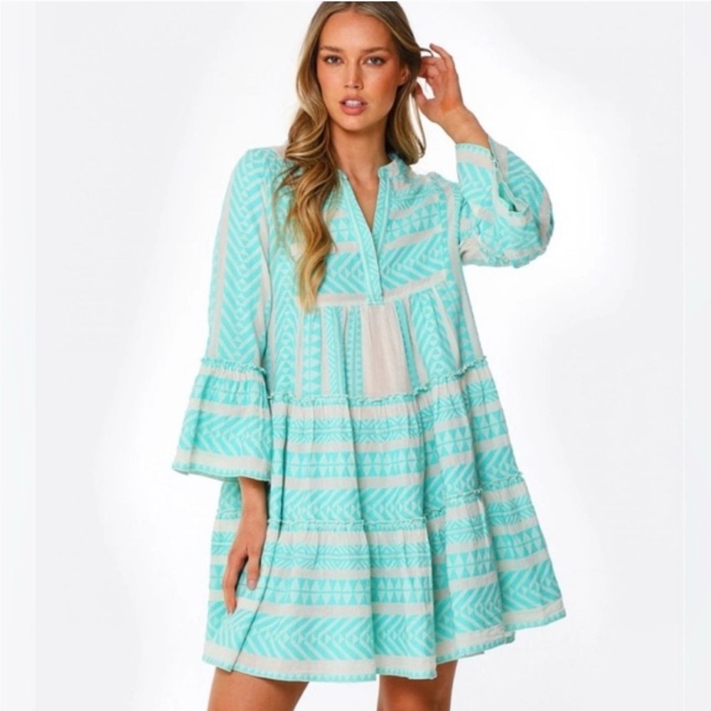 Devotion TWINS Ella Aqua Blue & White Long Sleeve Dress - Size Small - Picture 5 of 14